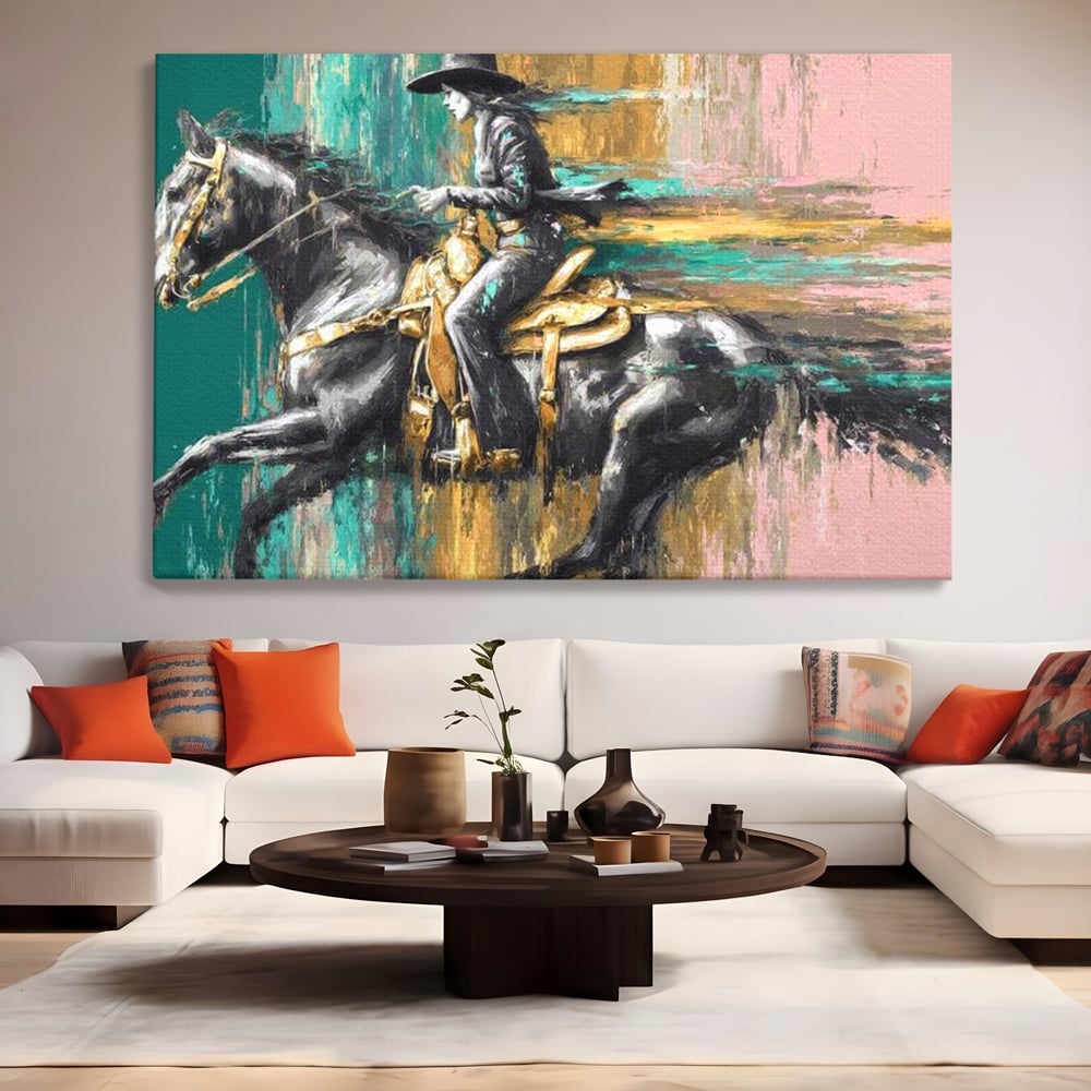 Tablou canvas cu pictura cu femeie calare pe armasar, fara rama, pe sasiu de lemn, pe perete intr-un living